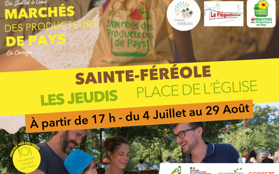 Découvrez et partagez le programme des 9 marches des producteurs de pays festifs , 9 jeudis en Juillet et Août près de 17 associations participantes, près de 30 bénévoles par soirée fédérées autour de la Flegeoloise avec 9 animations pour tous les goûts ! Rendez vous familial, convivial et festif , le marché regroupera près de 14 producteurs et artisans locaux qui proposeront l’offre nécessaire et indispensable pour composer vos menus ! Les bénévoles seront à vos côtés pour vous permettre , aux planchas , à la buvette, aux frites et crêpes, de constituer vos repas entre amis ou en famille ! La mairie de sainte-fereole dépositaire de la marque déléguée par Chambre d'agriculture de la Corrèze porte et accompagne cette démarche qui crée du lien entre les acteurs locaux , producteurs, artisans , associations développant même des initiatives et des dynamiques entre associations, qui crée du lien aussi entre habitants et vacanciers, résidents secondaires, et qui génère finalement une animation estivale permanente source d’attractivité pour la commune ! La mairie remercie sincèrement l’ensemble des partenaires qui garantissent le succès de cette nouvelle saison !