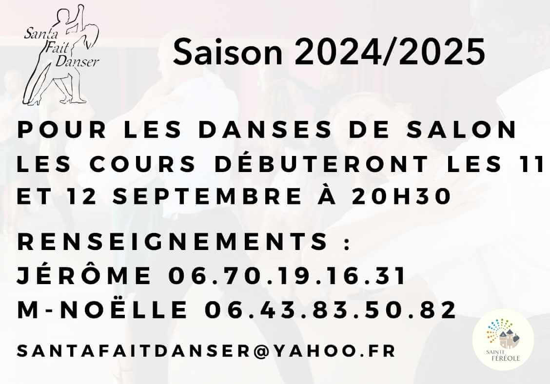 Saison 2024/2025 pour les danses de salon, Les cours débuteront les 11 et 12 septembre à 20h30.