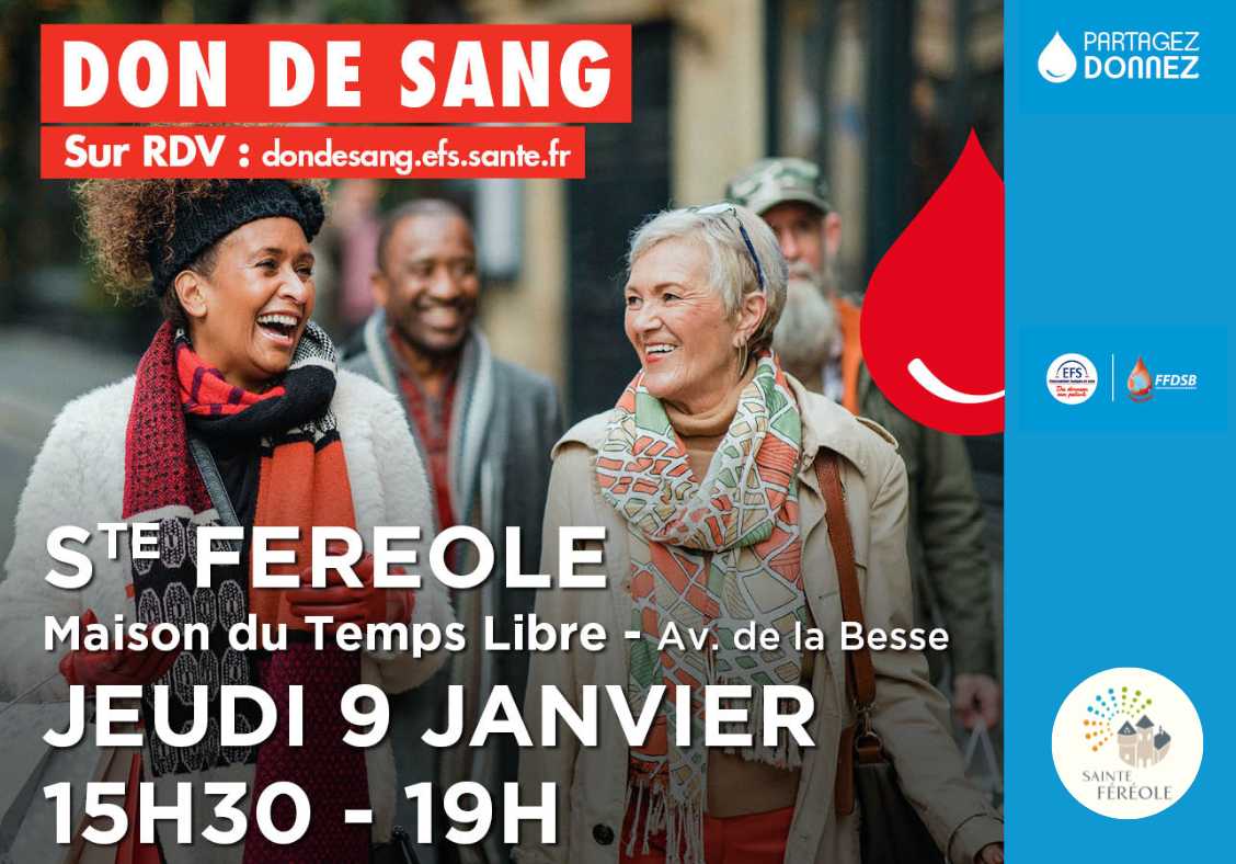 Don du sang jeudi 9 janvier 15 h 30 - 19 h à la salle du temps libre.