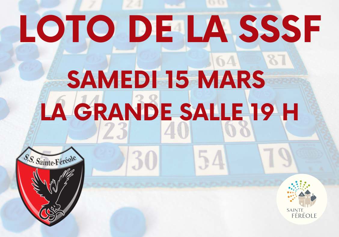 Comme chaque année, le club de foot de Sainte-Féréole organise son loto et vous attend nombreux afin de tenter votre chance et gagner ses nombreux lots ! Samedi 15 Mars 2025 Ouverture des portes à 19h (début des parties à 20h30) Salle polyvalente de Sainte-Féréole