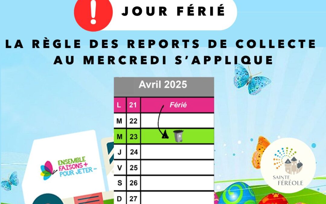 La collecte habituellement effectuée(s) le LUNDI MATIN, celle du LUNDI DE PÂQUES 21 AVRIL – jour férié, EST REPORTÉE AU MERCREDI 23 AVRIL. Sortez vos bacs mardi soir !