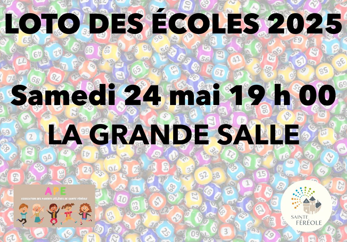 Samedi 24 mai à 19 h 00 (Début du jeu 20 h 00) à la Grande Salle.Gros lot : Séjour de 5 jours / 4 nuits vers une destination surprise (billet d'avion et d'hôtel)Gros lot quine enfants : Également une surprise qu’on vous réserve pour très bientôt !Autres lots : lots beauté – Bons d’achats - entretien voiture (vidange, pneus,...) – lots jardinage / bricolage – lots gastronomie – etc…