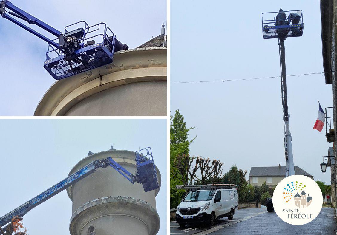 En images, intervention de protection autour de la toiture du château d’Eau pour prévenir et protéger d’éventuelles chutes d’ardoises. la circulation et le stationnement du 1 au 9 rue du 14 juillet sera bloquée du 23 au 25 avril 2025. 