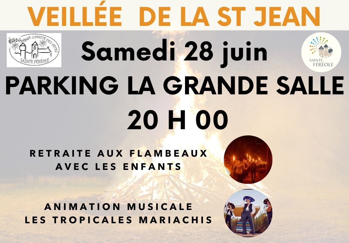 Parking Grande Salle du Stade A partir de 20h Soirée animée par le groupe LOS TROPICALES MARIACHIS Retraite aux flambeaux avec les enfants qui seront présents. Ardoises apéro - Grillades - Buvette Paëlla géante - Réserver votre part... *Repli possible grande salle du stade en cas de mauvais temps