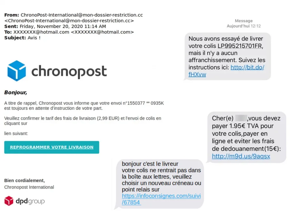 Exemples de messages d’escroquerie Vous avez reçu un message par SMS ou par courriel (e-mail) qui semble provenir d’un service de livraison ? Ce message indique que le transporteur a tenté de vous livrer un colis ou est en attente d’instructions pour sa livraison et vous demande le paiement de frais d’expédition ou d’affranchissement ? Attention, il s’agit d’une tentative d’escroquerie à la livraison de colis !