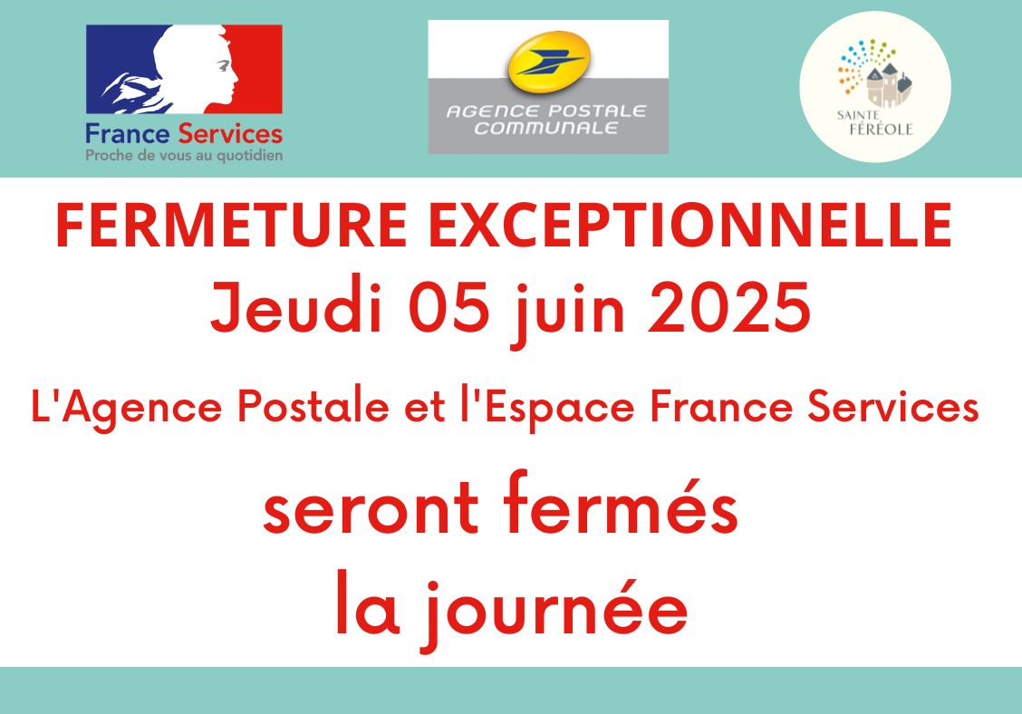 FERMETURE FRANCE SERVICES ET AGENCE POSTALE LE JEUDI 05 JUIN 2025 En raison de travaux sur le château d'eau, la circulation et le stationnement du 1 au 9 rue du 14 juillet sera bloquée du 23 au 25 avril 2025.