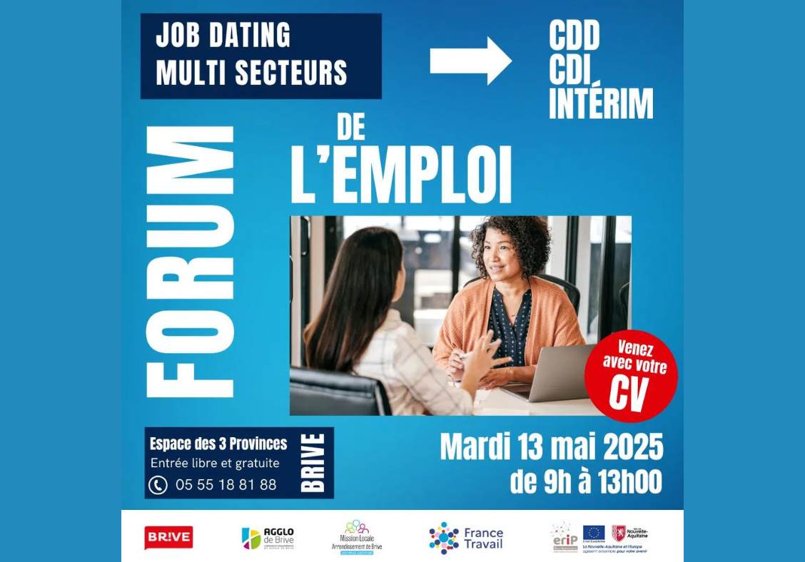 FORUM DE L'EMPLOI DE BRIVE En raison de travaux sur le château d'eau, la circulation et le stationnement du 1 au 9 rue du 14 juillet sera bloquée du 23 au 25 avril 2025.