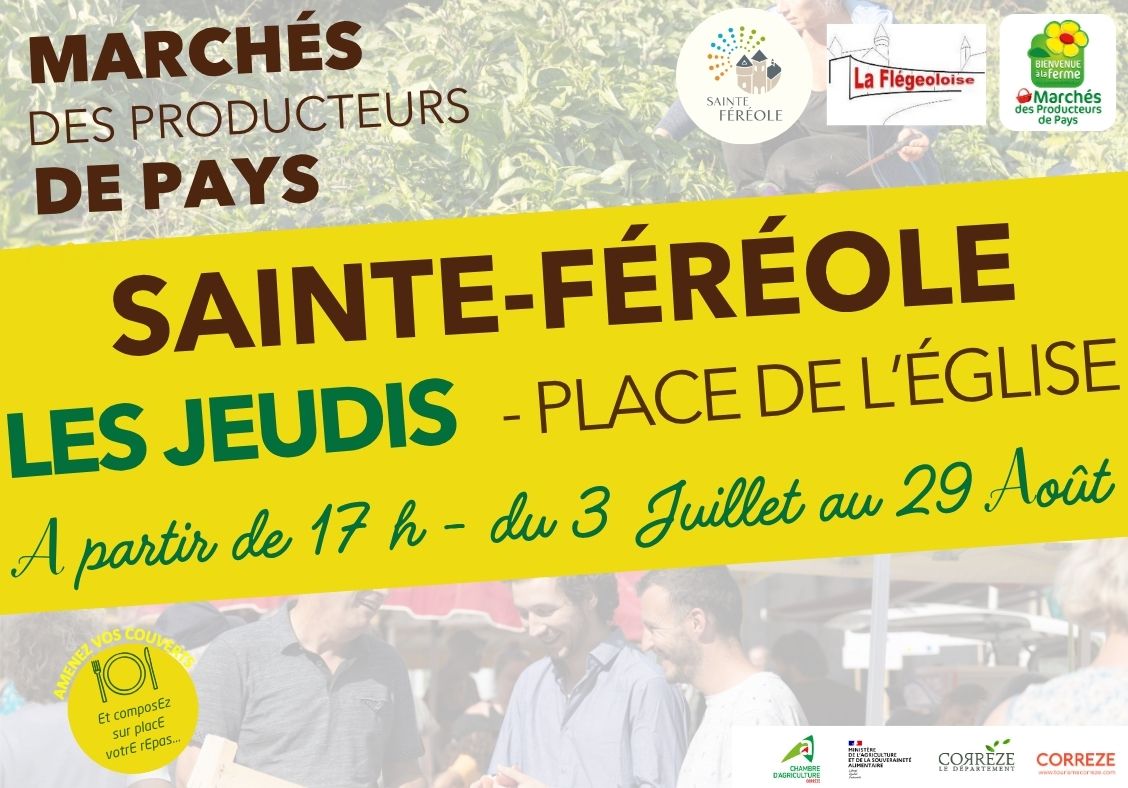 La mairie de Sainte-Féréole, l’association la Flegeoloise et l’ensemble des associations partenaires, la Chambre d'agriculture de la Corrèze, ont le plaisir de vous proposer le planning des Corrèzes marchés des producteurs de pays à Sainte-Féréole !