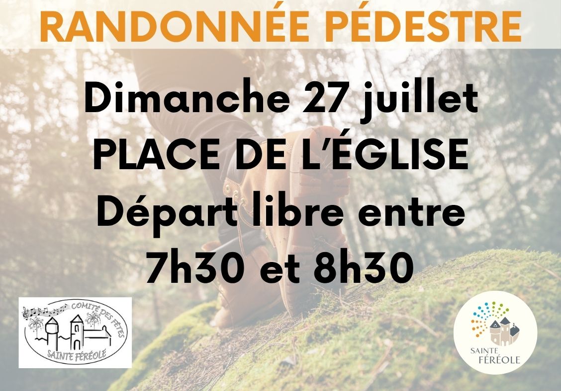 Le Comité des Fêtes de Sainte Féréole vous propose ses randonnées d'été :Café offert le matin à tous les participants- Départ libre entre 7h30 et 8h30- Ravitaillements prévus sur le parcours- Allure libre / Pas de chronomètre