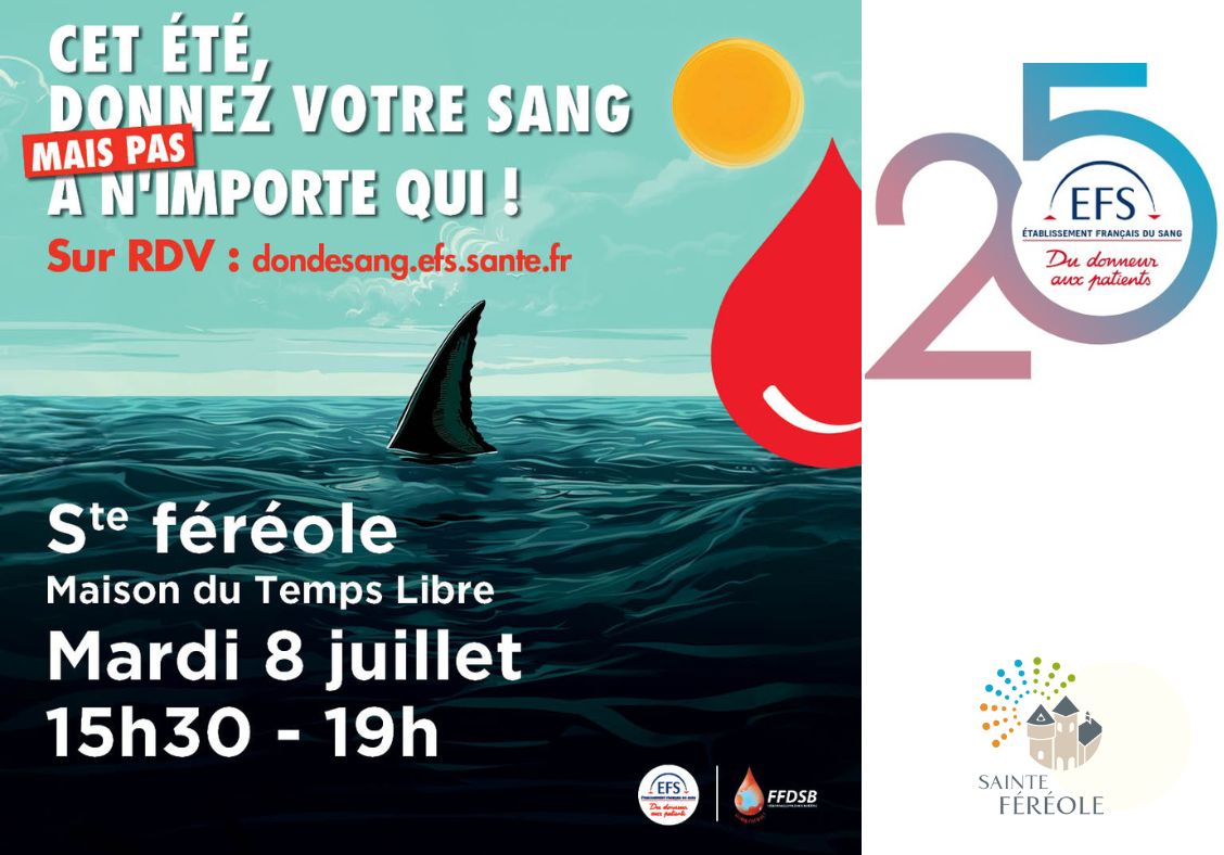 Don du sang mardi 8 juillet 15 h 30 - 19 h à la salle du temps libre.