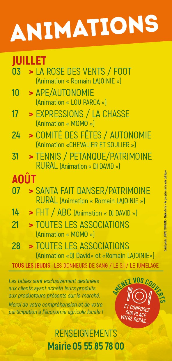 La mairie de Sainte-Féréole, l’association la Flegeoloise et l’ensemble des associations partenaires, la Chambre d'agriculture de la Corrèze, ont le plaisir de vous proposer le planning des Corrèzes marchés des producteurs de pays à Sainte-Féréole !