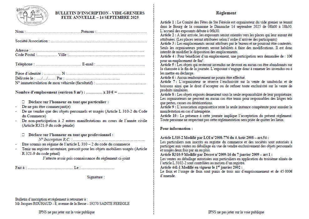 BulletinInscription_VideGreniers_FêteAnnuelleSteFéréole_2025_ComitéDesFêtes