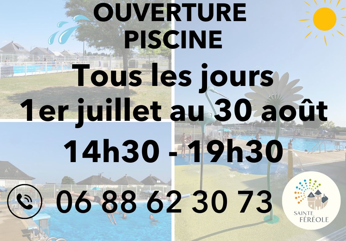 Ouverture Piscine La piscine de Sainte-Féréole ouvre à nouveau ses portes, offrant un espace sécurisé et accueillant pour petits et grands. Vestiaires, douches chaudes et surveillance assurée : tout est prévu pour une baignade en toute sérénité.La municipalité réaffirme sa volonté de préserver cet équipement essentiel, vecteur de santé, de confort et de lien social. Avec des tarifs accessibles et des horaires adaptés, chacun peut profiter pleinement des bienfaits de la natation tout l’été.