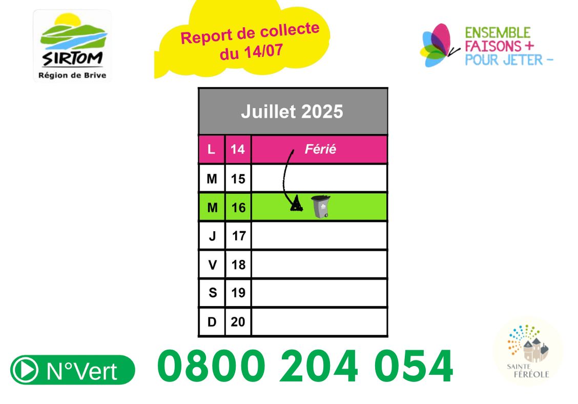 Si vous êtes concernés par une collecte d’ordures ménagères et/ou de tri habituellement effectuée(s) le LUNDI, celle du LUNDI 14 JUILLET – jour férié, EST REPORTEE AU MERCREDI 16 JUILLET. Sortez vos bacs dès le mardi soir 15/07.