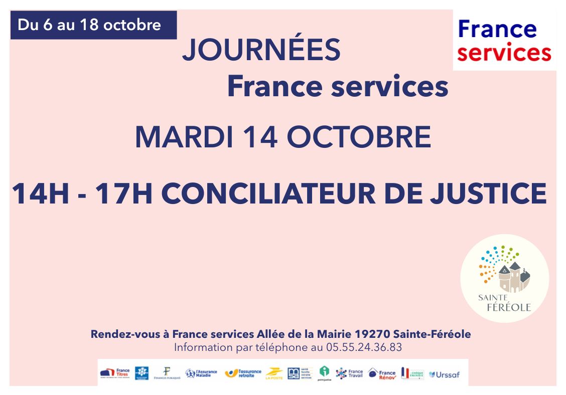 Du 6 au 18 octobre 2025, venez à la rencontre des agents France Services à l’occasion des Journées Portes Ouvertes ! Pour cette 5ᵉ édition, votre espace France Services et ses partenaires se mobilisent pour vous proposer un programme attractif. Mardi 7 octobre Corrèze Autonomie de 13 h 30 à 17 h 00. Jeudi 9 octobre Atelier sur la cybersécurité afin de se protéger des menaces numériques de 14 h 30 à 15 h 30. Vendredi 10 octobre Permanence de la Mission locale de 10 h 00 à 12 h 00. Mardi 14 octobre Permanence du Conciliateur de justice de 14 h 00 à 17 h 00 (le conciliateur peut également recevoir à son bureau au tribunal de Brive). Jeudi 16 octobre EDF Solidarité de 09 h 00 à 12 h 00.