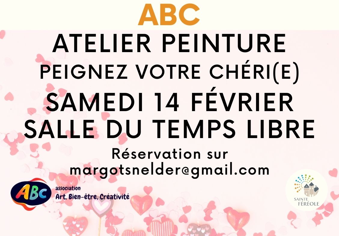 Venez célébrer la Saint-Valentin de façon amusante, avec votre personne préférée. Ça peut être votre conjoint, mais aussi votre petite-fille ou votre meilleur ami. Vous vous installerez à table l'un en face de l'autre, vous vous observerez attentivement et vous réaliserez un magnifique portrait. Vous ne savez pas peindre ? Pas de problème – ça sera drôle – nous vous guidons, pas de soucis. Nous travaillerons à la peinture acrylique sur une toile de 30 cm x 24 cm. À la fin, une photo de vous deux et une coupe de champagne vous seront offerts. Prix par couple : 50 € tout compris. Lieu : Maison du Temps Libre, salle au premier étage.