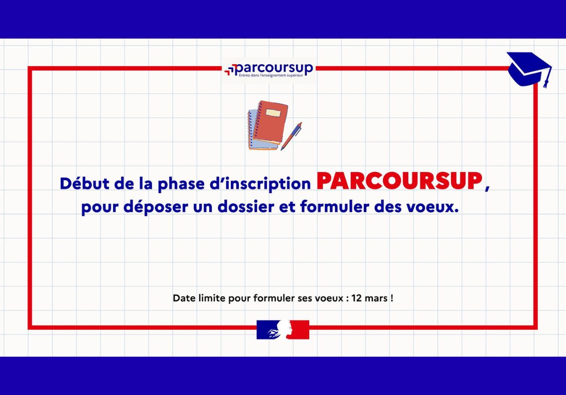 INSCRIPTION PARCOURSUP Les candidats peuvent, dès aujourd’hui et jusqu'au 12 mars, déposer leur dossier et formuler leurs vœux.<br />
Une étape clé pour construire son avenir.