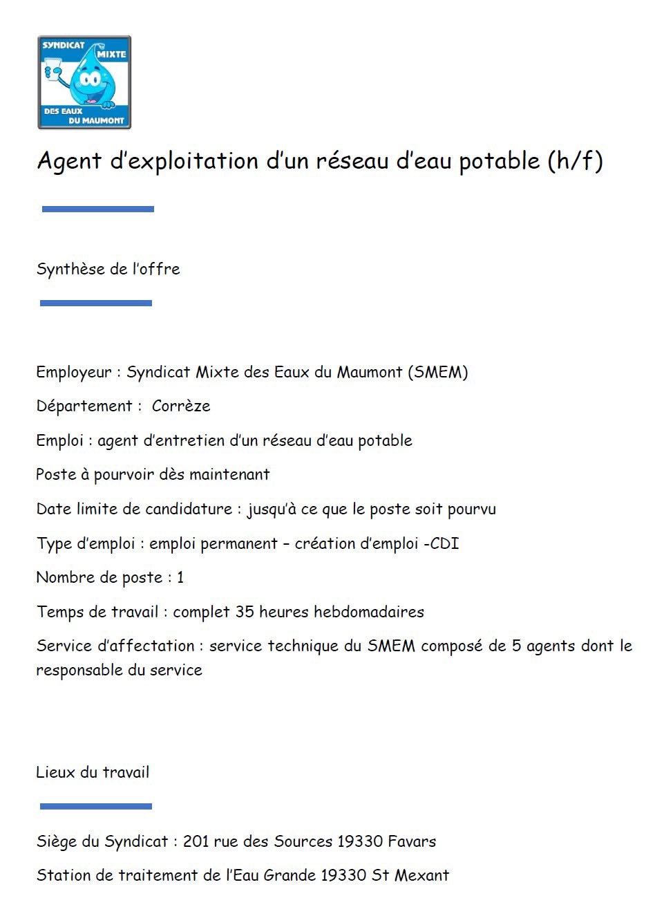 Recrutement eaux du maumont, cliquez sur l'image