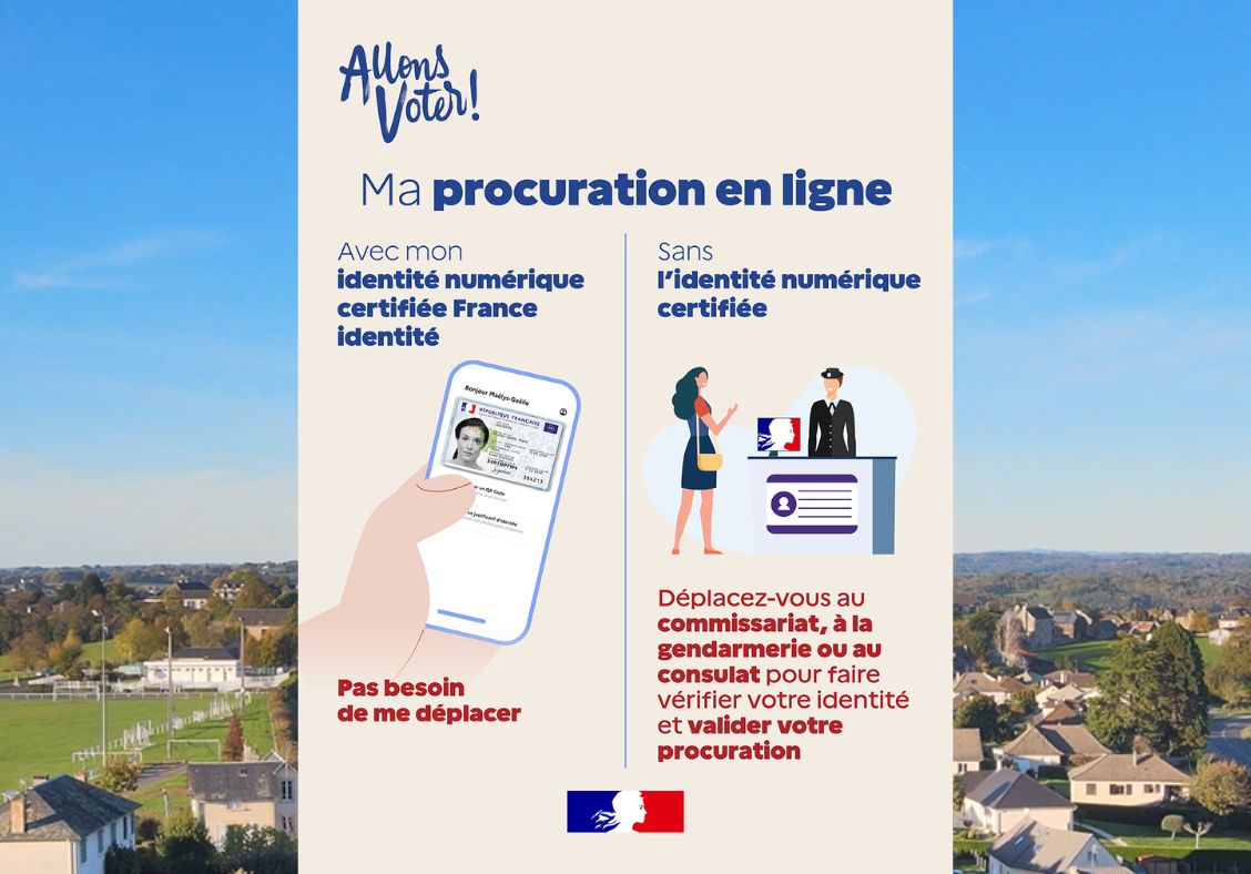 Vous serez absent le 15 ou le 22 mars prochain ? Anticipez et renseignez dès maintenant votre demande de procuration.</p>
<p>100 % en ligne si vous possédez une nouvelle carte nationale d’identité et une identité numérique certifiée (application France Identité). En remplissant le formulaire en ligne ou à la main, puis en vous rendant au commissariat, à la gendarmerie, au tribunal judiciaire pour faire valider votre procuration.</p>
<p>Faire sa procuration : https://www.maprocuration.gouv.fr<br />
N’attendez pas le dernier moment pour effectuer votre démarche.