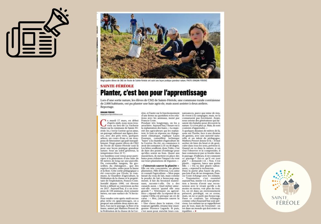 Francis Coste, exploitant agricole de la commune, a accueilli, à l’initiative de la société communale de chasse de Sainte-Féréole, en partenariat avec la chambre d'agriculture de la Corrèze et la fédération départementale de la chasse, les élèves de la classe de CE2 de l’école primaire de Sainte-Féréole ce mardi après-midi pour une découverte pédagogique, et ils ont pu planter une haie agricole.