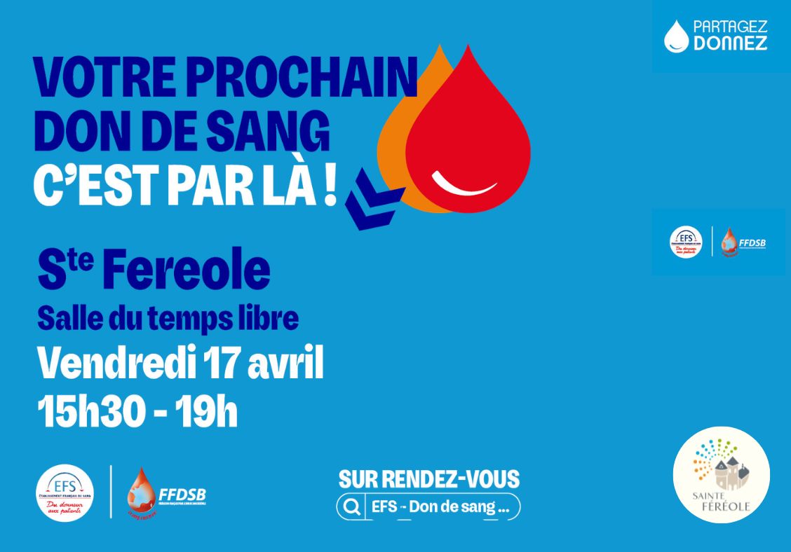 Don du sang vendredi 17 avril 15 h 30 - 19 h à la salle du temps libre.