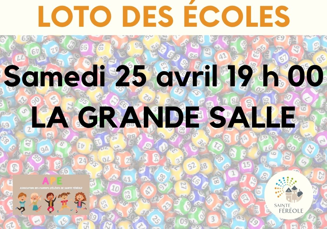 Loto des écoles 2026, samedi 25 avril 2026 à 19h, début du jeu à 20h, à la grande salle.