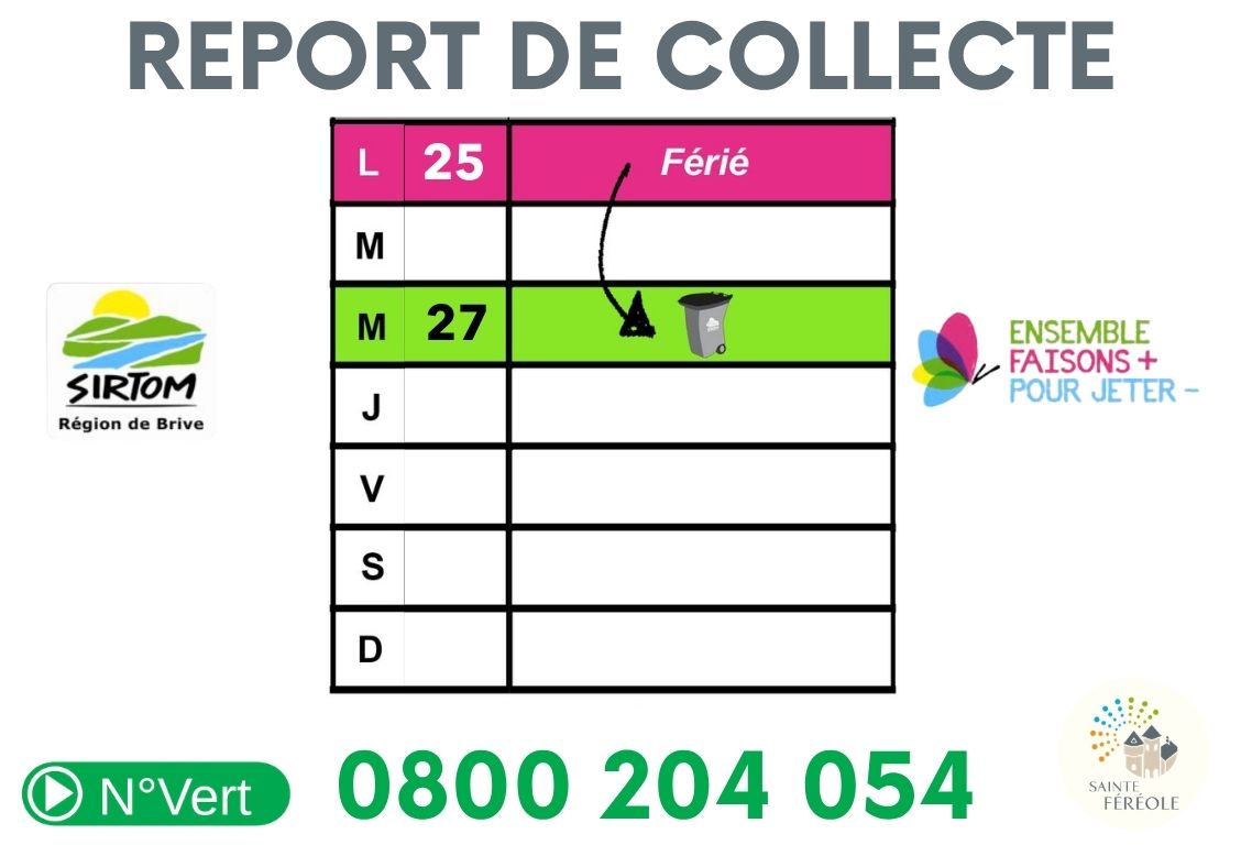 En raison du jour férié à venir, plusieurs tournées de collecte sont modifiées. Lundi 25 mai (férié – Lundi de Pentecôte) la collecte reportée au mercredi 27 mai Merci de sortir vos bacs, sacs la veille au soir sur le trottoir.