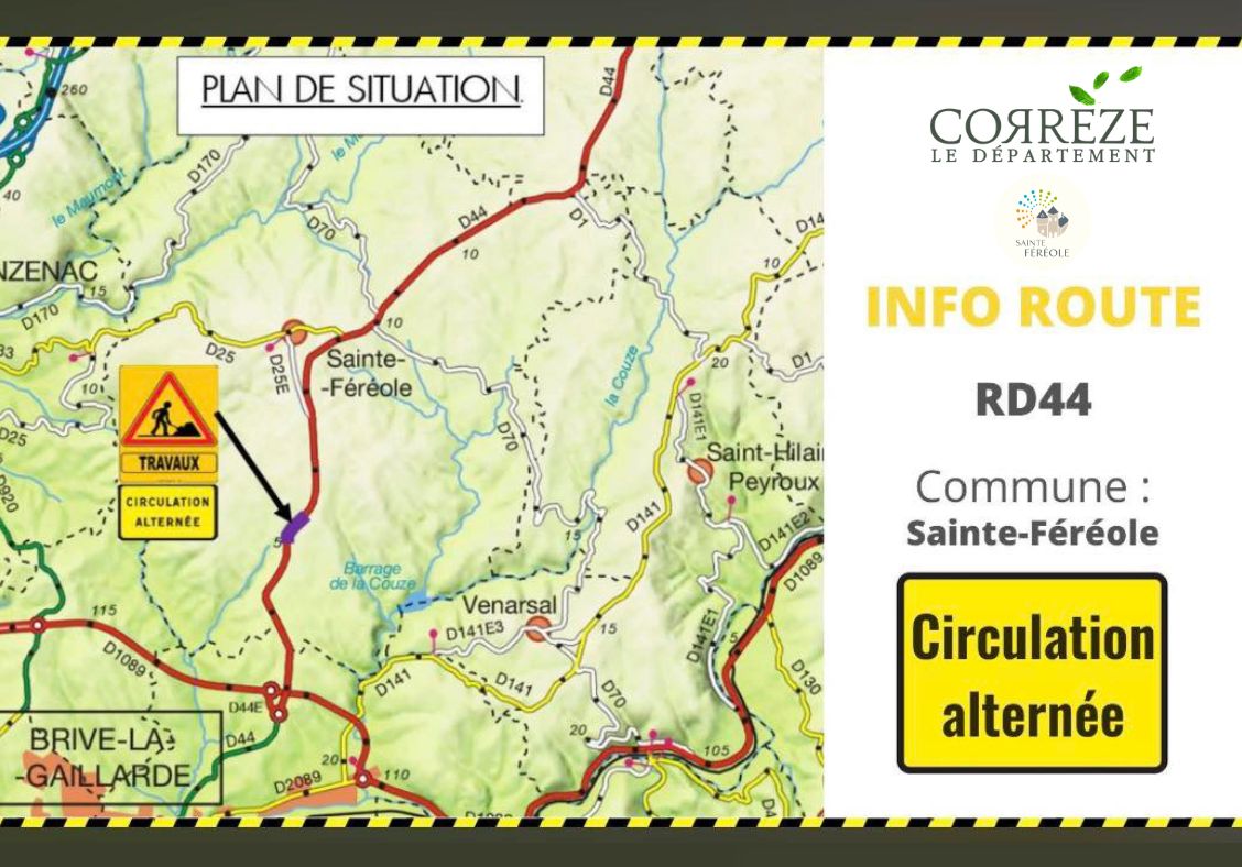 Pour votre sécurité , Département de la Corrèze réalise des travaux de réfection de la chaussée à partir de ce mardi 19 mai prochain pour une durée de 4 jours. Circulation alternée