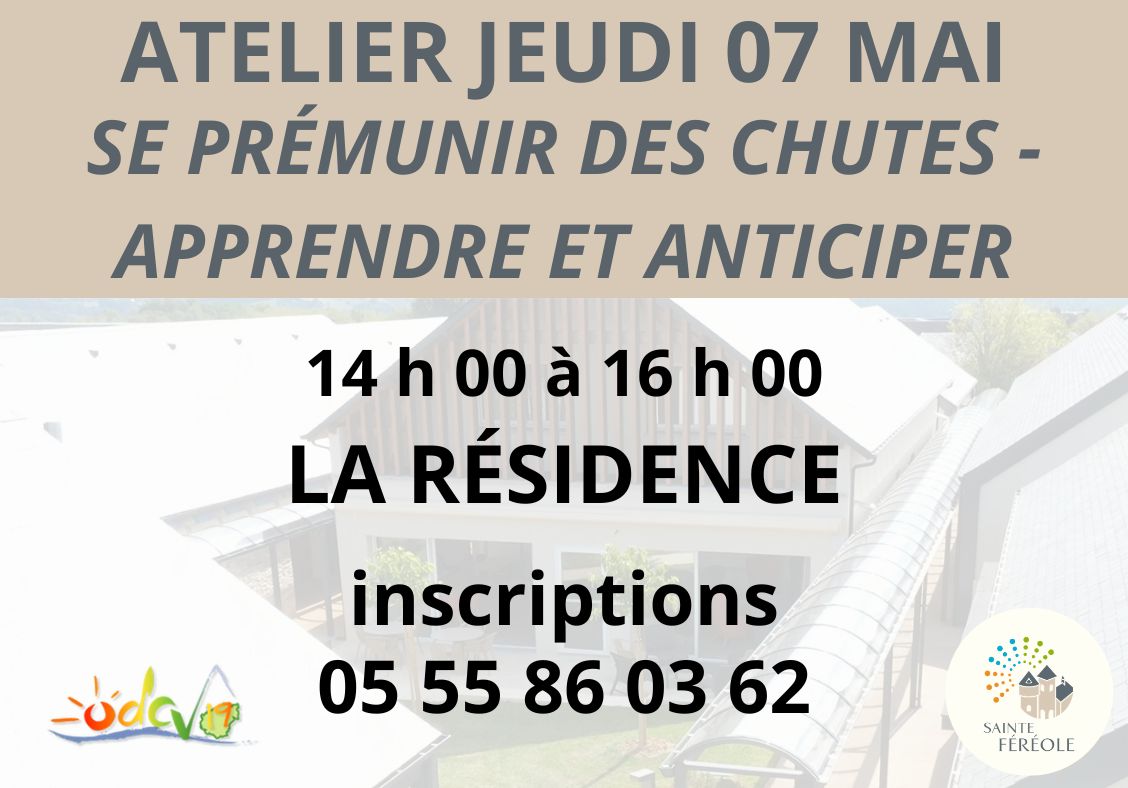 L’ODCV avec le soutien de nombreux partenaires (ARS, Faculté des sports de Limoges, Département, Région Nouvelle-Aquitaine, Générations Mouvement 19, DSDEN, MSA, CAF…) vous informe de la mise en place d’une seconde action de prévention et de santé gratuite ouverte à tous à travers un atelier APA (Activité Physique Adaptée) visant à lutter contre les chutes des seniors :  Apprendre afin d’apporter des solutions aux troubles de l’équilibre, à travers la découverte des Activités Physiques Adaptées de Santé (APAS) Animée par Léa Danovaro, diététicienne et intervenante en Activités Physiques Adaptées de Santé (APAS) qui aura  lieu le jeudi 7 mai 2026, de 14h00 à 16h00 à La Résidence de Sainte-Féréole. inscriptions : 05 55 86 03 62