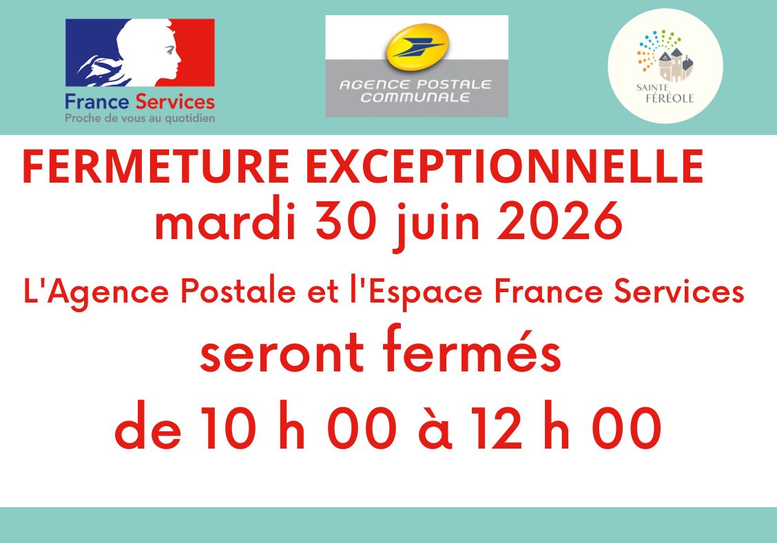 En raison de la formation des agents, votre espace France services et l'Agence postale seront fermés le mardi 30 juin de 10 h 00 à 12 h 00.