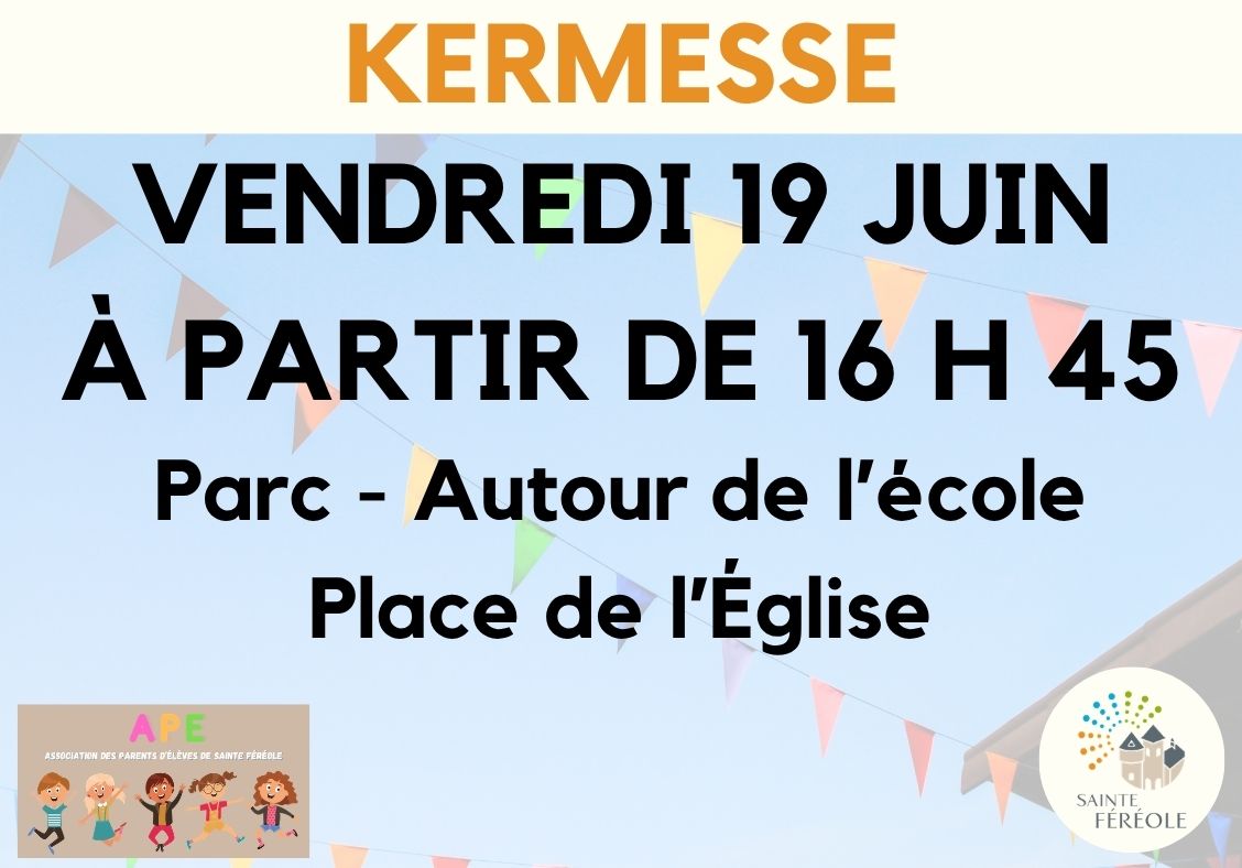 Un riche programme vous attends pour la kermesse 2026 de l’école, organisée par l’équipe enseignante, du groupe scolaire, la caisse des écoles, les personnels de la mairie et l’Ape Sainte Féréole. Nombreuses activités gratuites pour petits et grands (château gonflable, jeux géants, tirs au but...) Espace vente restauration proposée par l'APE (gâteaux, boissons, glaces) Repas à 19 h 00