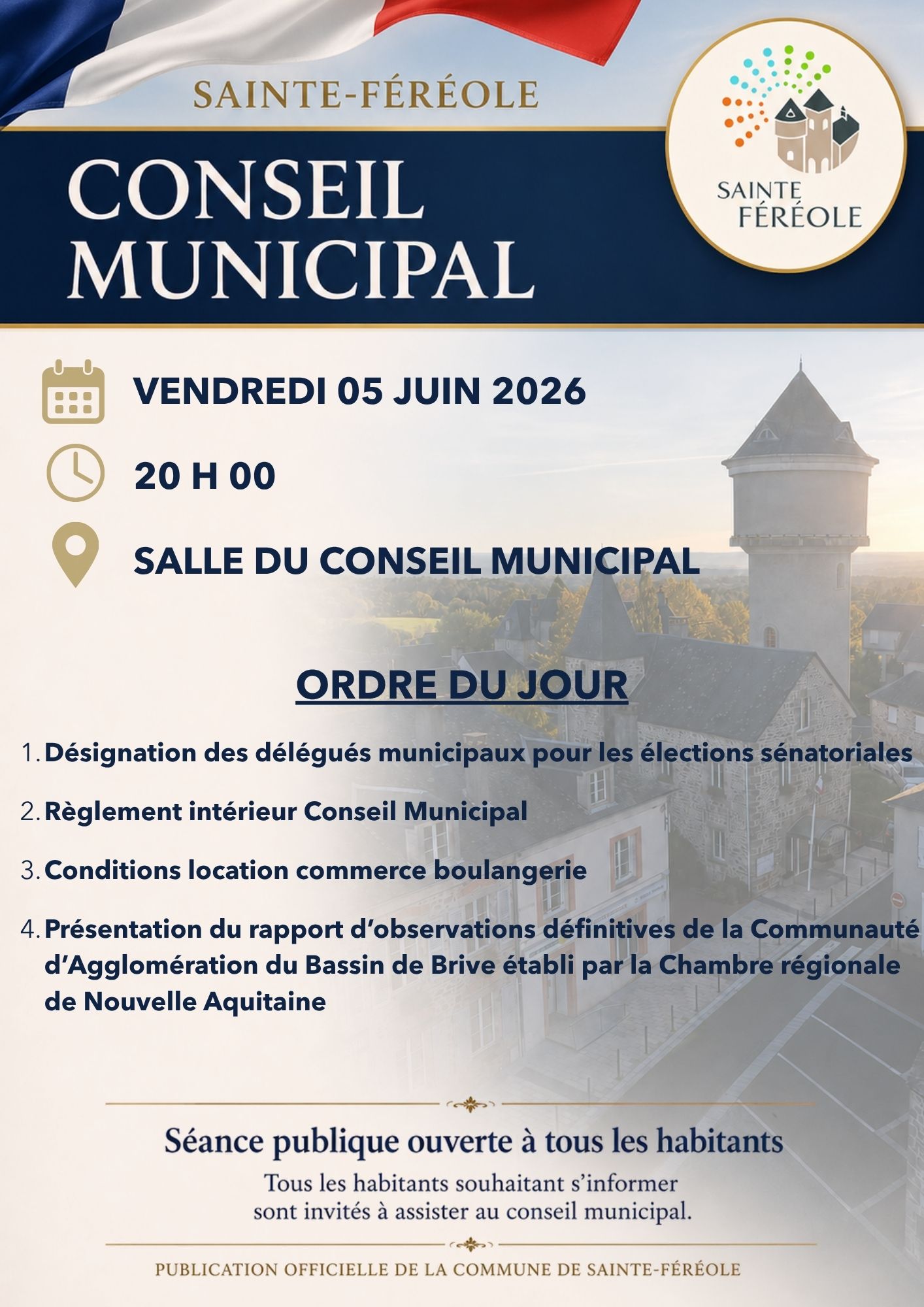 Conseil Municipal vendredi 05 juin 2026, 20 h 00 à la Salle du Conseil.