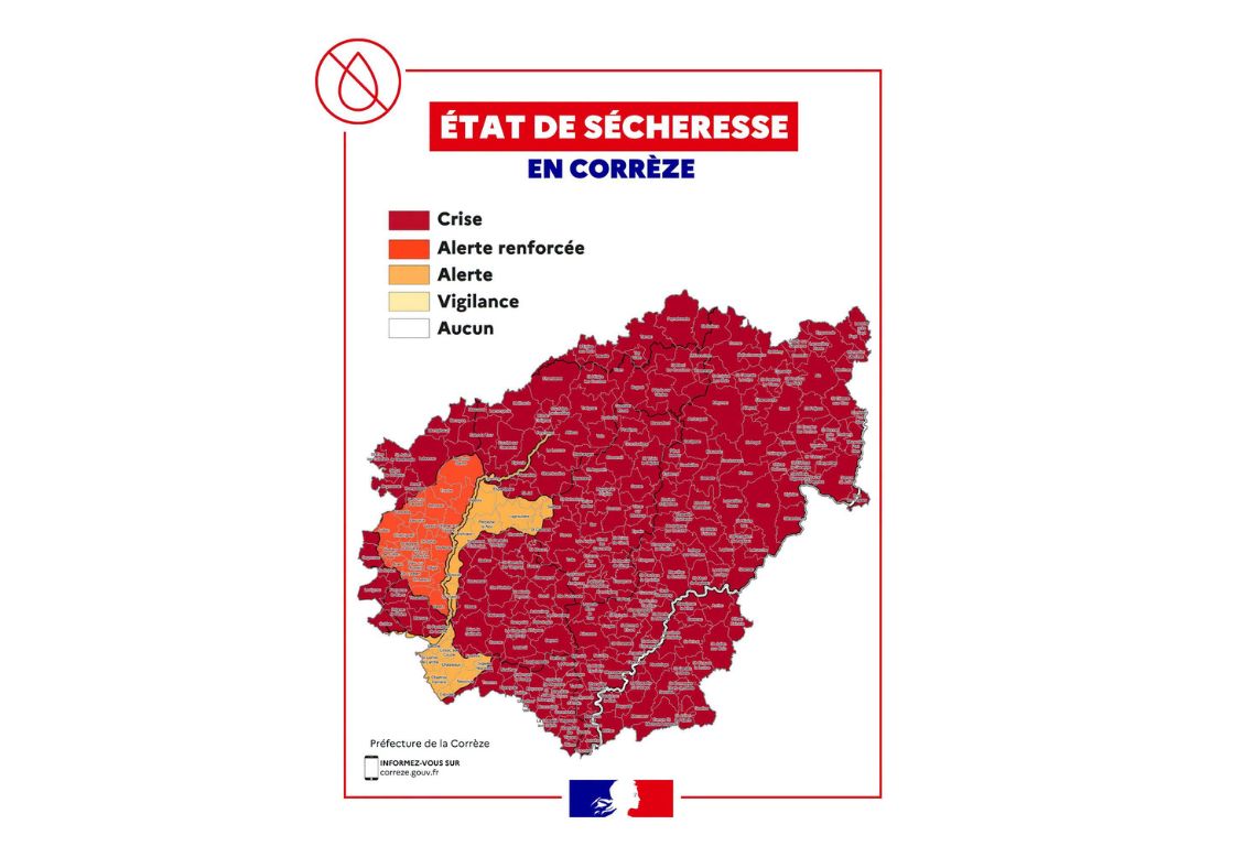 La commune de Sainte Féréole est située en Zone d'ALERTE RENFORCÉE Soyons vigilant et faisons preuve de civisme . Dans les zones en crise et en alerte renforcée, l’arrosage des pelouses et des massifs est interdit. Seul l’arrosage des jardins potagers reste autorisé entre 20 h et 8 h. Le remplissage des piscines familiales est totalement interdit dans les zones en crise.